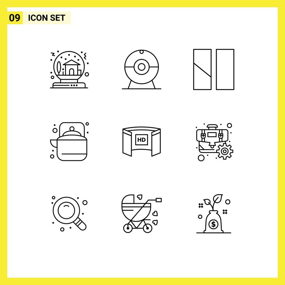 Stock Vector Icon Pack of 9 Line Signs and Symbols for cinematography tea editing pot camping Editable Vector Design Elements