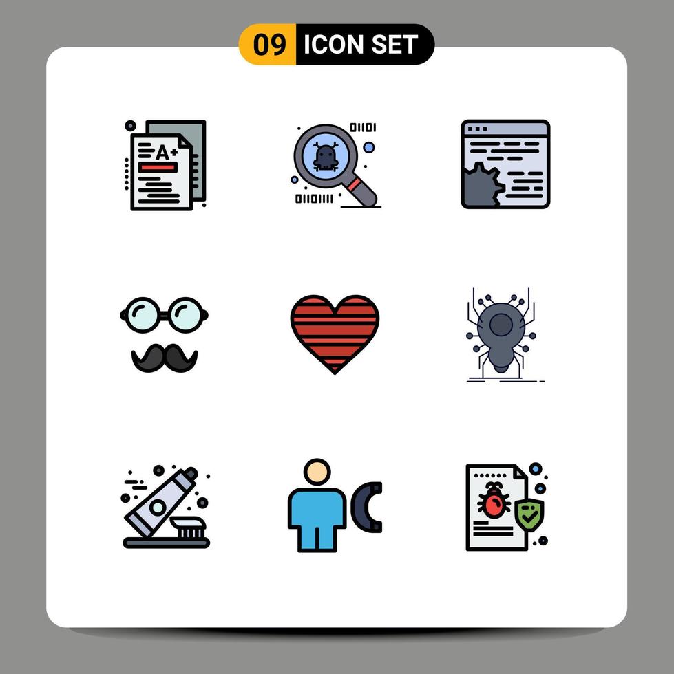 conjunto de 9 iconos modernos de la interfaz de usuario símbolos signos para el amor favorito configuración de gafas de corazón elementos de diseño vectorial editables vector