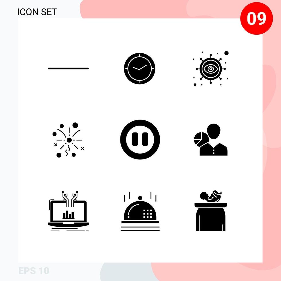 Pack of 9 creative Solid Glyphs of chart pause marketing media celebration Editable Vector Design Elements