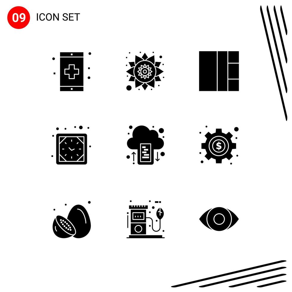 Mobile Interface Solid Glyph Set of 9 Pictograms of upload drive grid cloud wall clock Editable Vector Design Elements