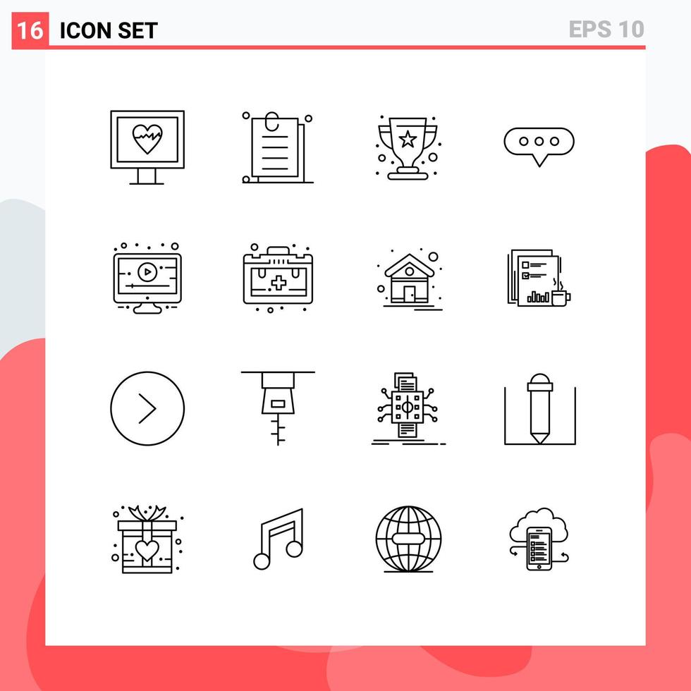 Mobile Interface Outline Set of 16 Pictograms of tutorial lesson cup comment bubble Editable Vector Design Elements