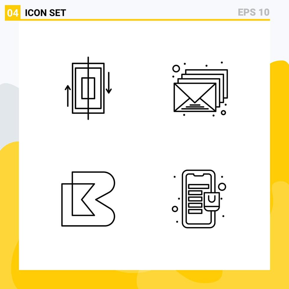 conjunto moderno de 4 colores planos y símbolos de línea de llenado, como elementos de diseño de vectores criptográficos editables de la bandeja de entrada del teléfono de la bahía de sincronización