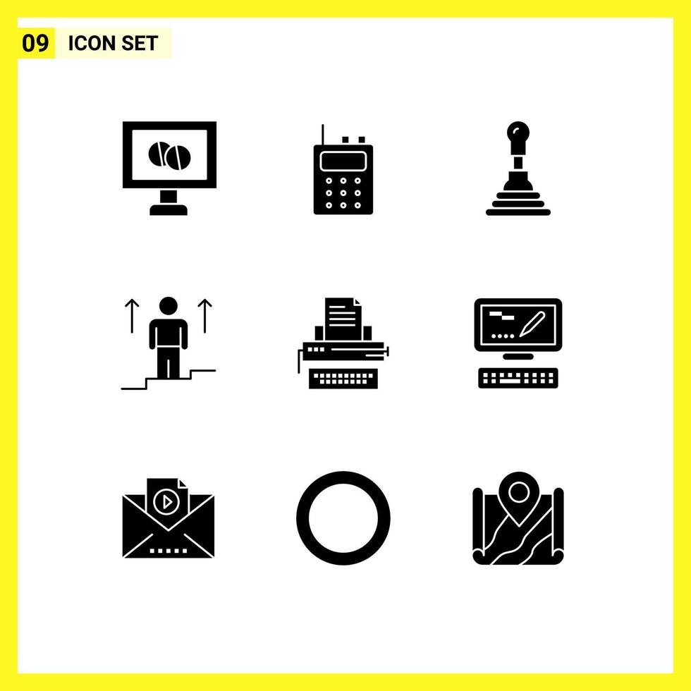 Group of 9 Modern Solid Glyphs Set for keys letter gearbox typewriter man Editable Vector Design Elements