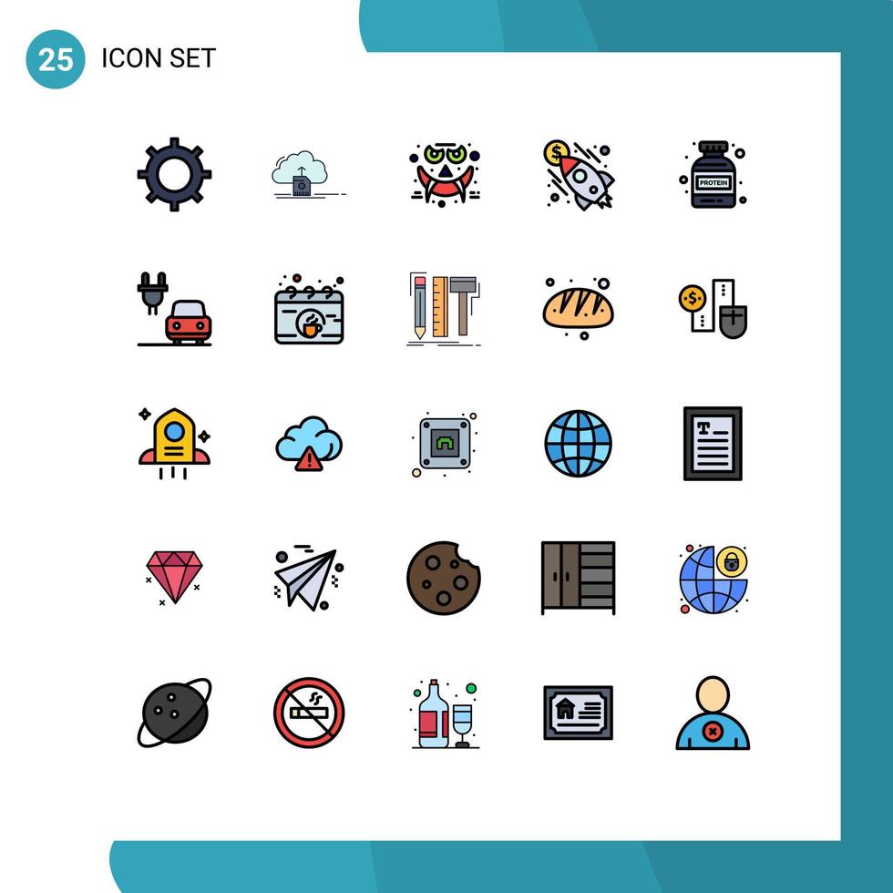 25 Filled line Flat Color concept for Websites Mobile and Apps gym rocket computing launch smiley Editable Vector Design Elements