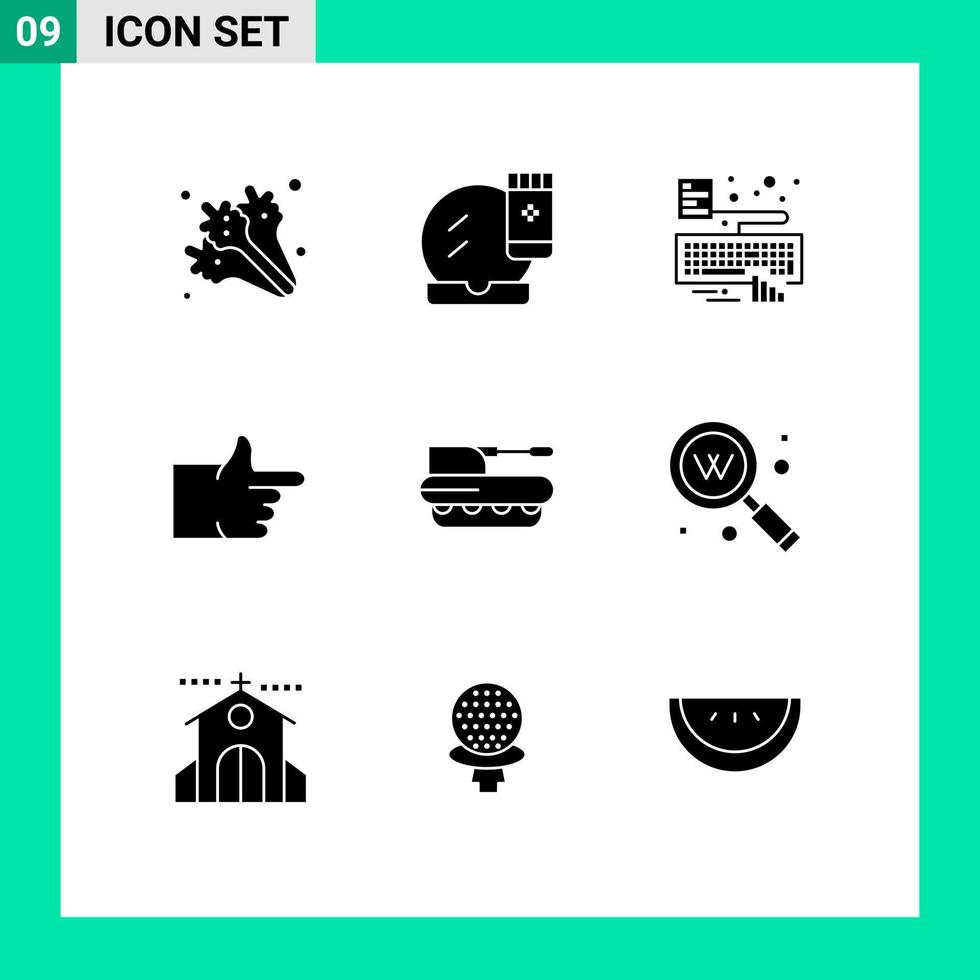 Pack of 9 creative Solid Glyphs of howitzer vote makeup base thumbs up attach Editable Vector Design Elements