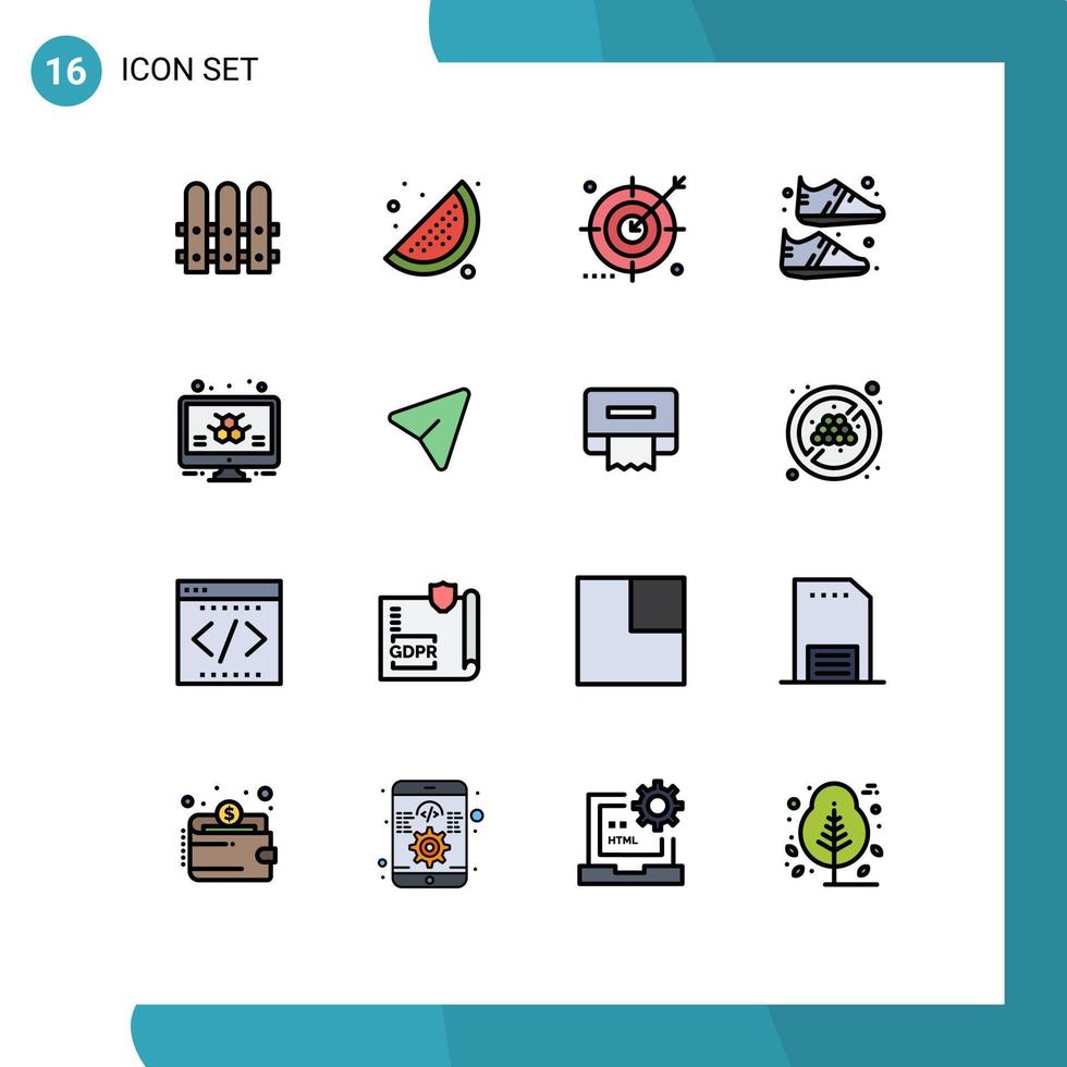 Universal Icon Symbols Group of 16 Modern Flat Color Filled Lines of monitor atom media sportive equipment Editable Creative Vector Design Elements