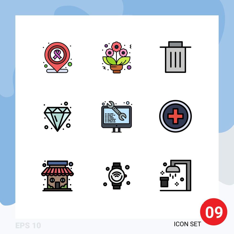 paquete de 9 colores planos creativos de línea de relleno de software de desarrollo web codificación de basura elementos de diseño vectorial editables de diamantes vector