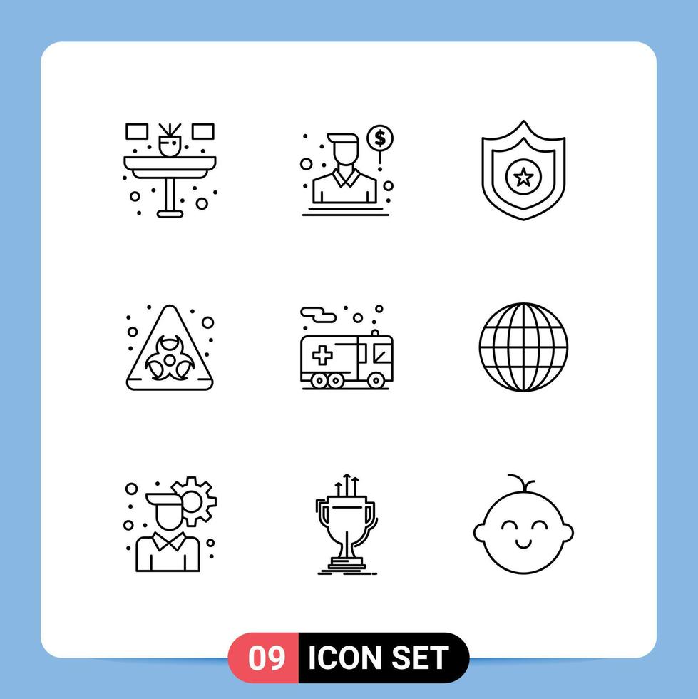 Editable Vector Line Pack of 9 Simple Outlines of transportation fire police emergency biological Editable Vector Design Elements
