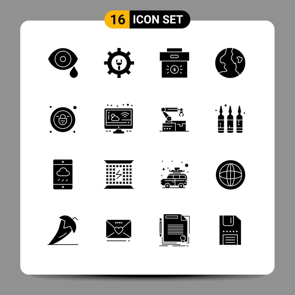 Group of 16 Modern Solid Glyphs Set for padlock nature bag globe investment Editable Vector Design Elements