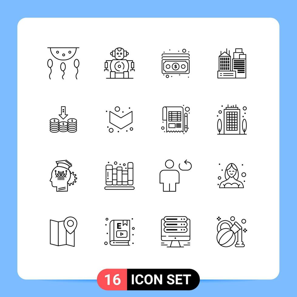 16 iconos creativos, signos y símbolos modernos de trabajo en efectivo, lugar de efectivo, construcción de elementos de diseño vectorial editables vector