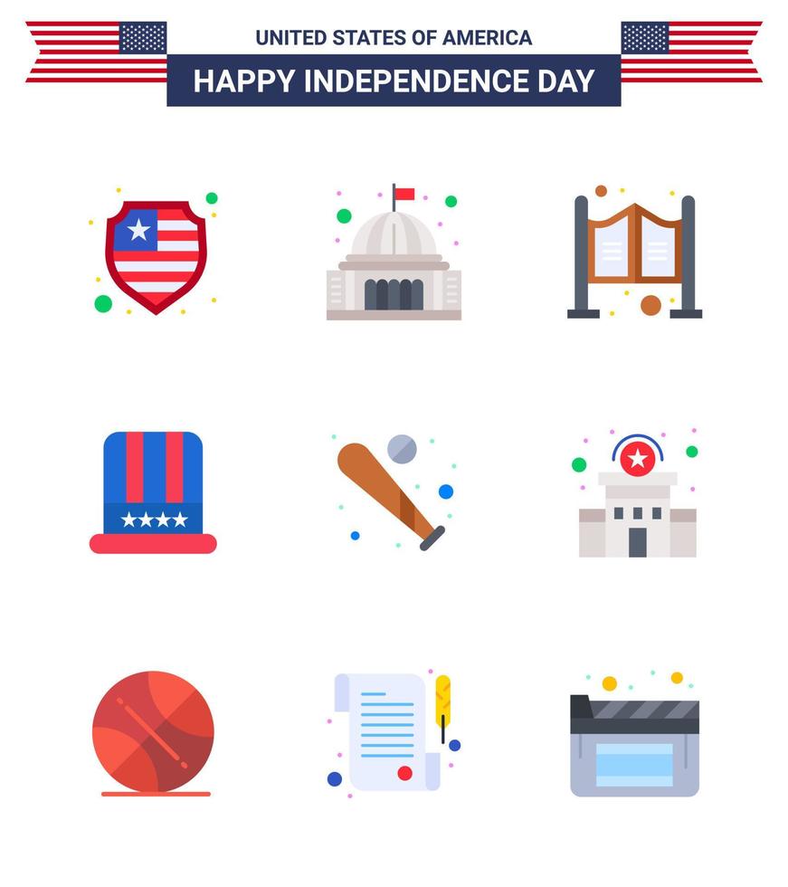 Set of 9 USA Day Icons American Symbols Independence Day Signs for baseball usa door american hat Editable USA Day Vector Design Elements