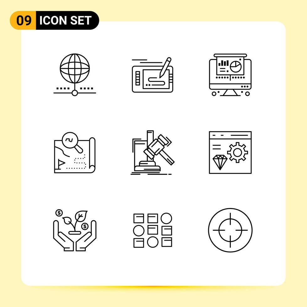 User Interface Pack of 9 Basic Outlines of search travel drawing route pie Editable Vector Design Elements