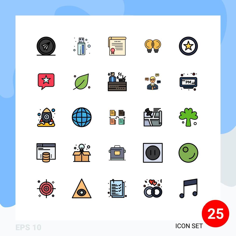 Pack of 25 Modern Filled line Flat Colors Signs and Symbols for Web Print Media such as interface thinking certificate mechanic idea Editable Vector Design Elements