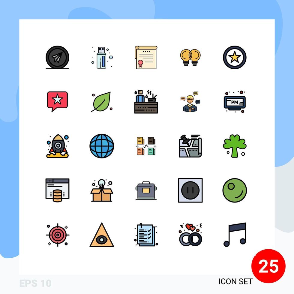 paquete de 25 modernos signos y símbolos de colores planos de línea rellena para medios de impresión web, como elementos de diseño vectorial editables de idea mecánica de certificado de pensamiento de interfaz vector