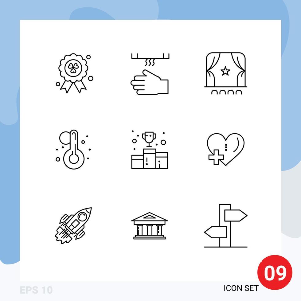 conjunto de 9 iconos de interfaz de usuario modernos símbolos signos para la primera posición premio audiencia termómetro verano elementos de diseño vectorial editables vector