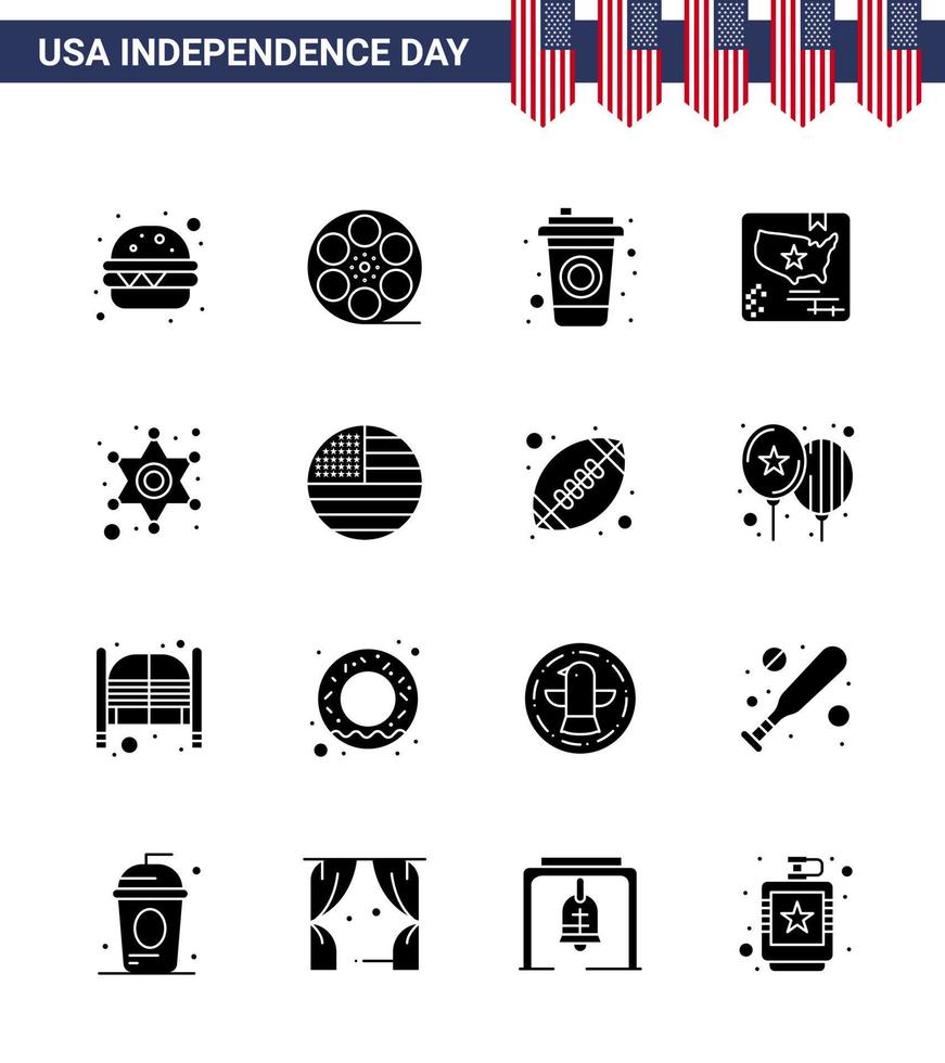 Set of 16 Vector Solid Glyphs on 4th July USA Independence Day such as police sign police cola men map Editable USA Day Vector Design Elements