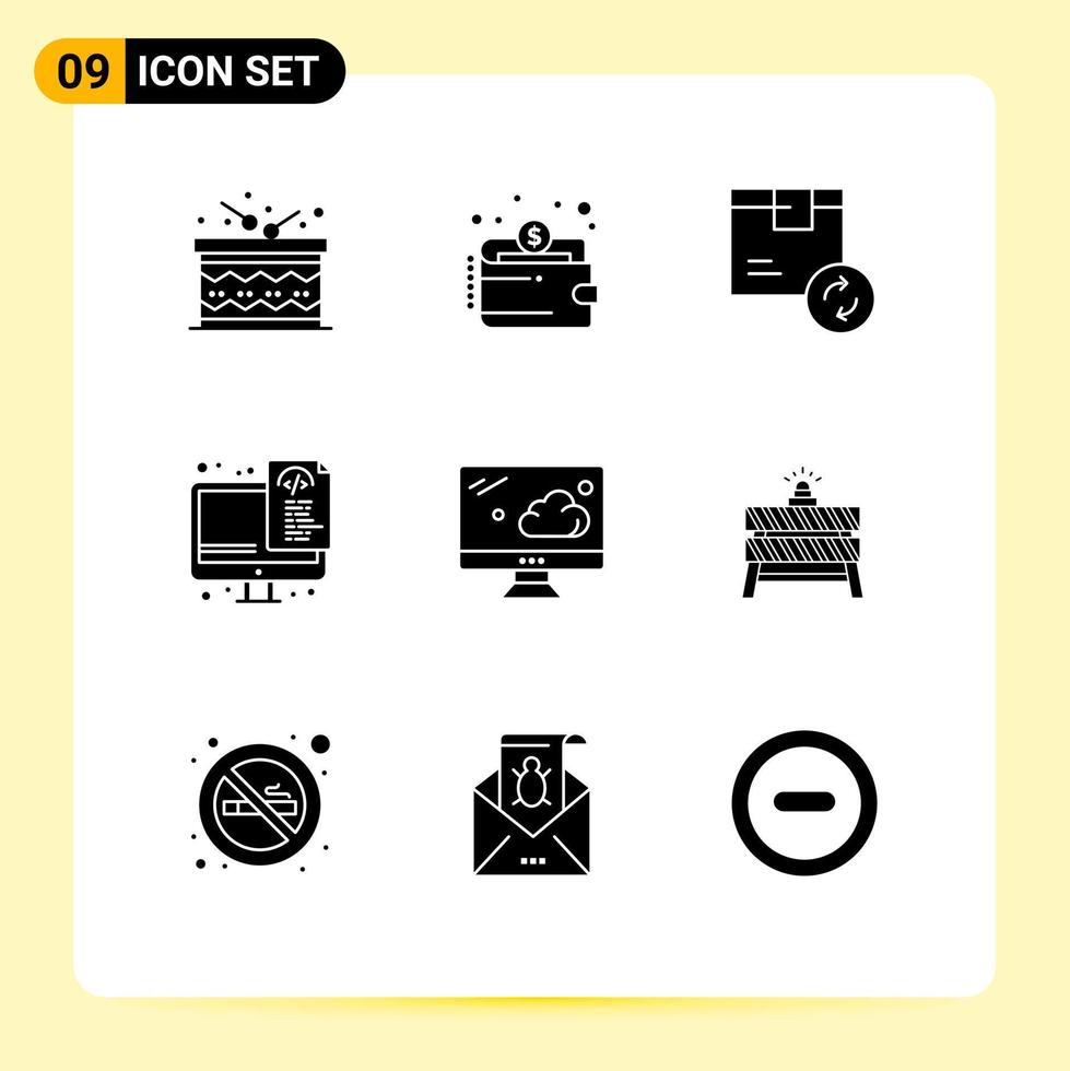 grupo de 9 glifos sólidos modernos establecidos para la optimización de la caja de programación en la nube que envía elementos de diseño vectorial editables vector