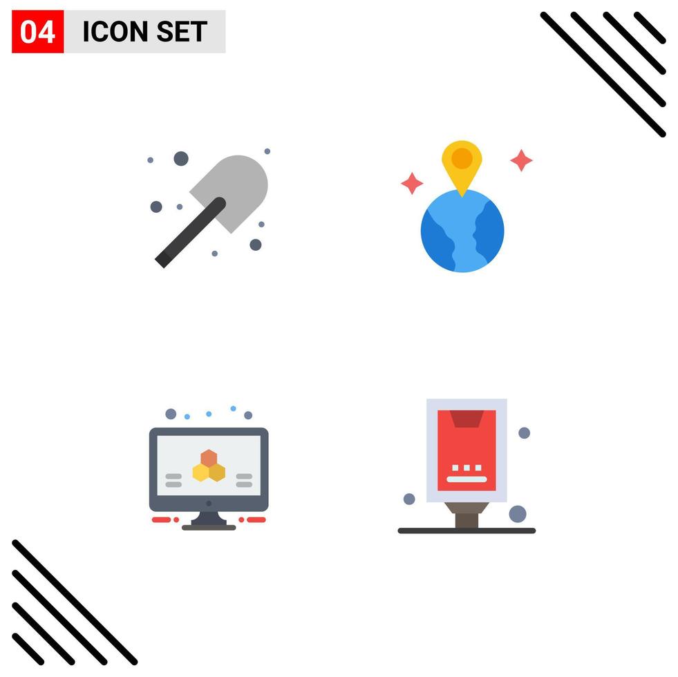Stock Vector Icon Pack of 4 Line Signs and Symbols for digging monitor spade location advertising Editable Vector Design Elements