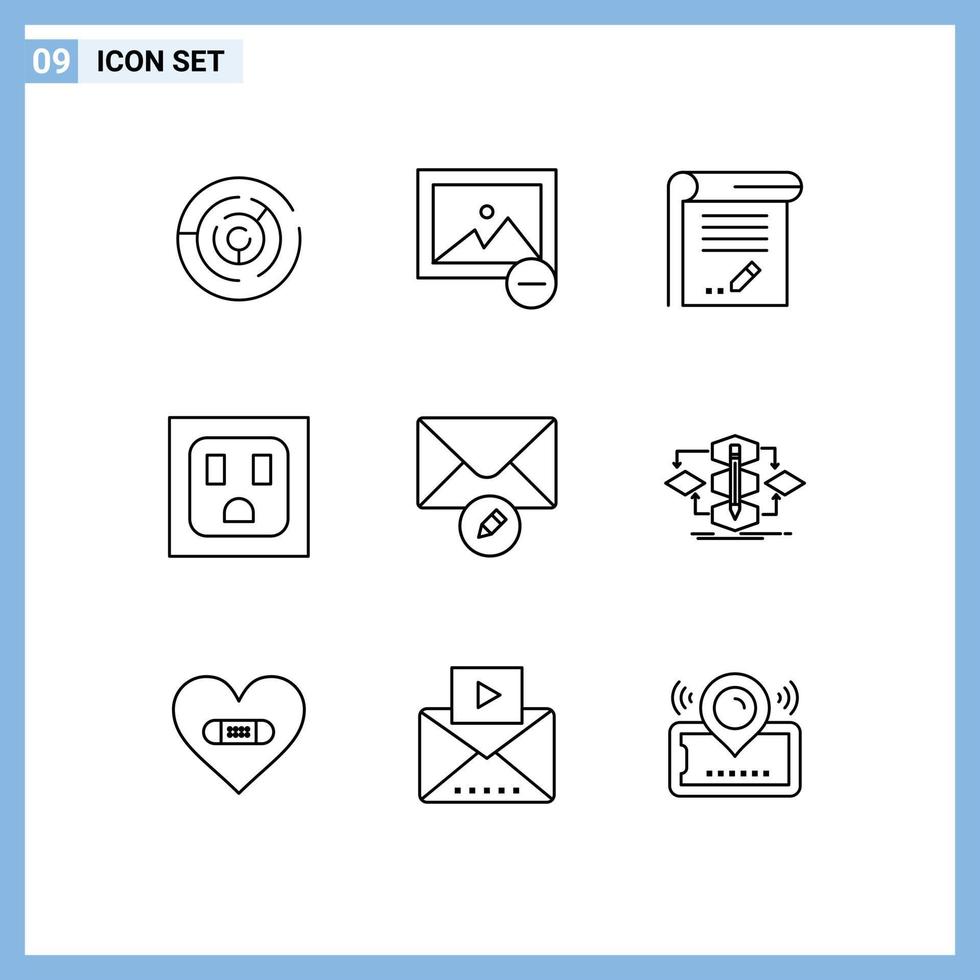 Pictogram Set of 9 Simple Outlines of write mail document socket notebook Editable Vector Design Elements