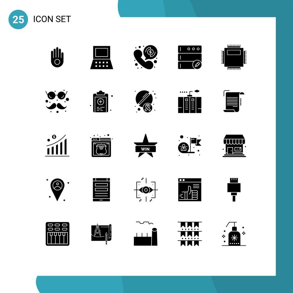Set of 25 Commercial Solid Glyphs pack for technology computer online hardware server Editable Vector Design Elements