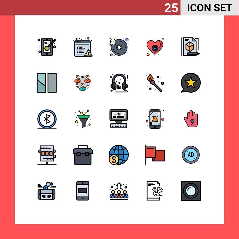 Set of 25 Vector Filled line Flat Colors on Grid for pencil file hard disk care love Editable Vector Design Elements