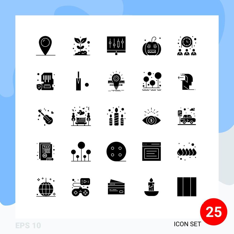 Group of 25 Modern Solid Glyphs Set for pumpkin halloween plant bats graph Editable Vector Design Elements