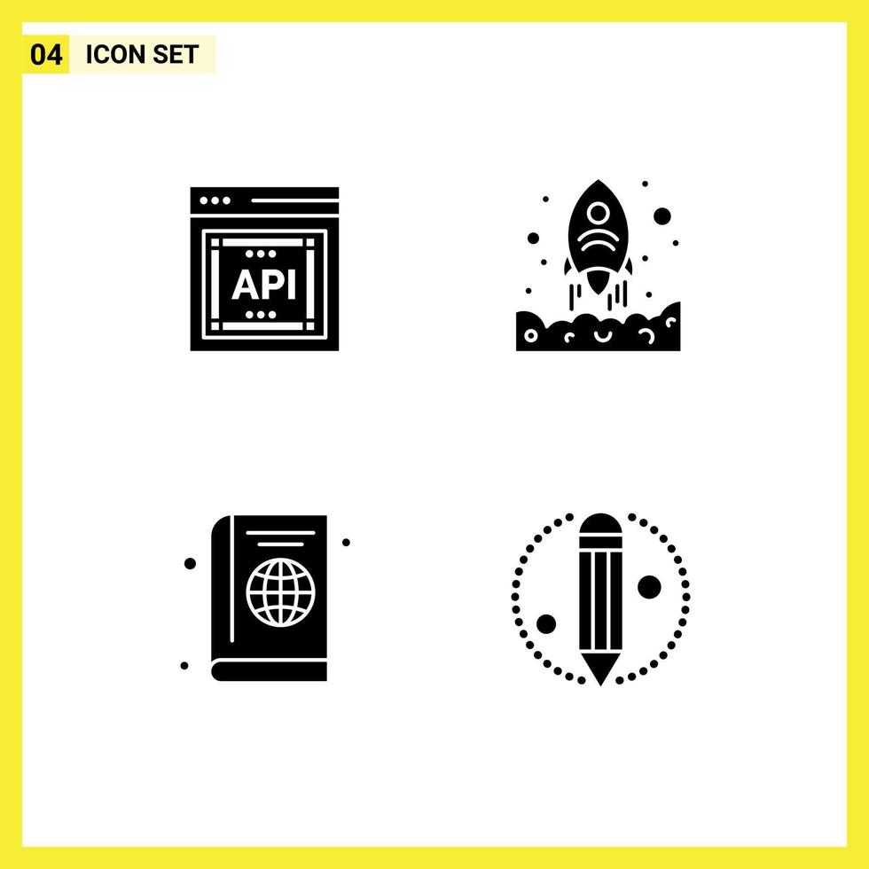 Modern Set of 4 Solid Glyphs Pictograph of api book software start globe Editable Vector Design Elements
