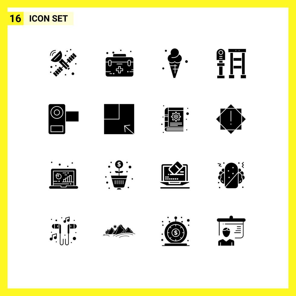 Pack of 16 creative Solid Glyphs of film stop beach station bench Editable Vector Design Elements