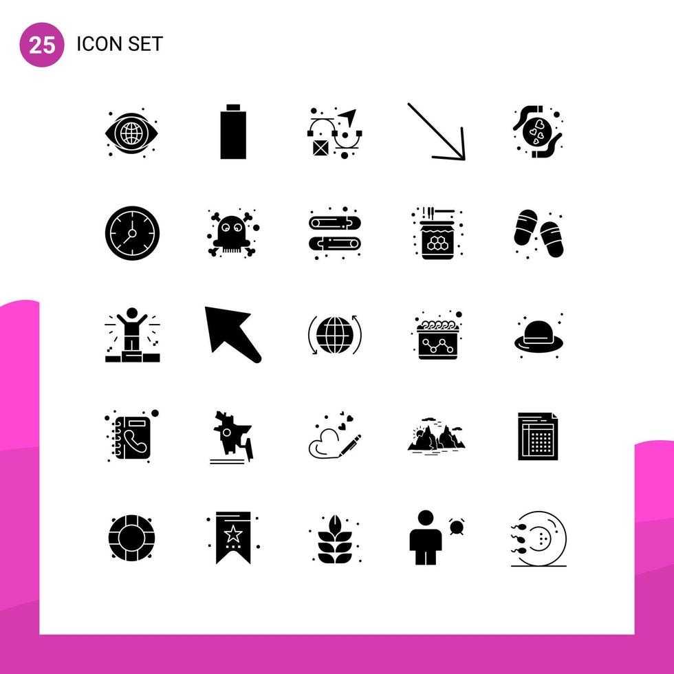 Pack of 25 creative Solid Glyphs of clock love creativity hands u Editable Vector Design Elements