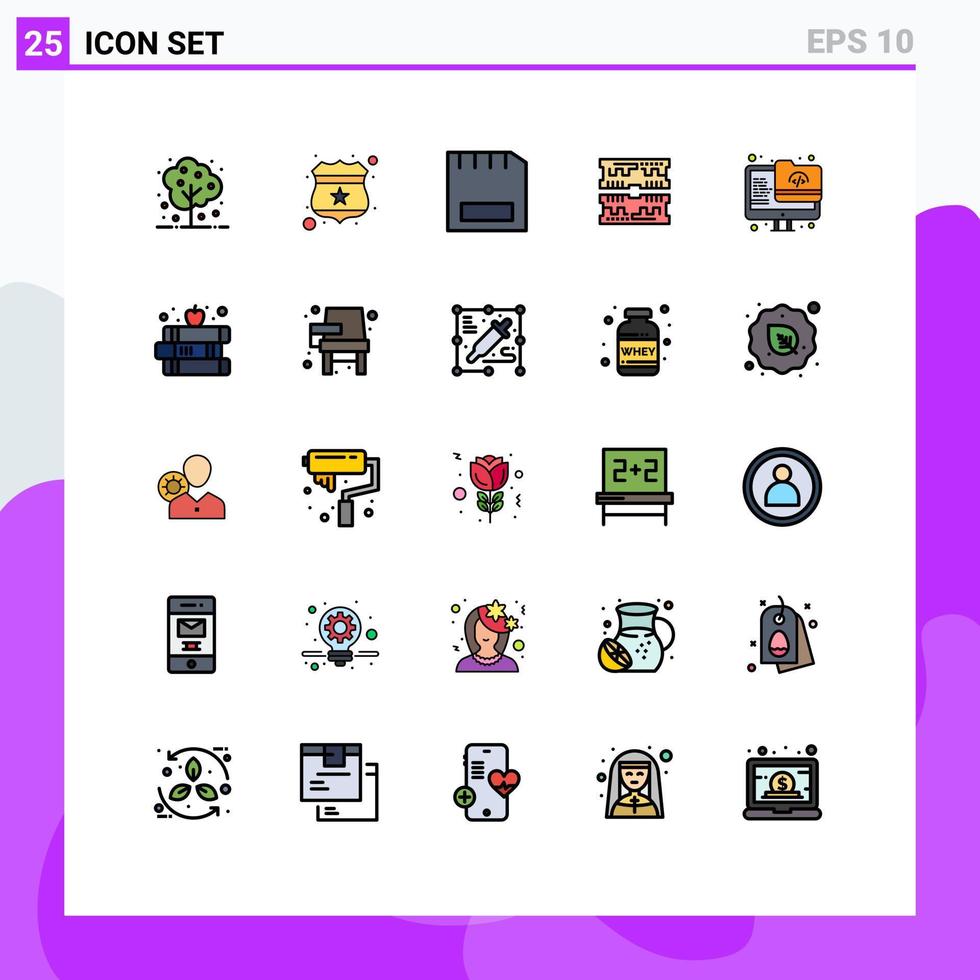 grupo de 25 colores planos de línea rellena modernos establecidos para elementos de diseño vectorial editables de hardware de componente de tarjeta de computadora de archivo vector