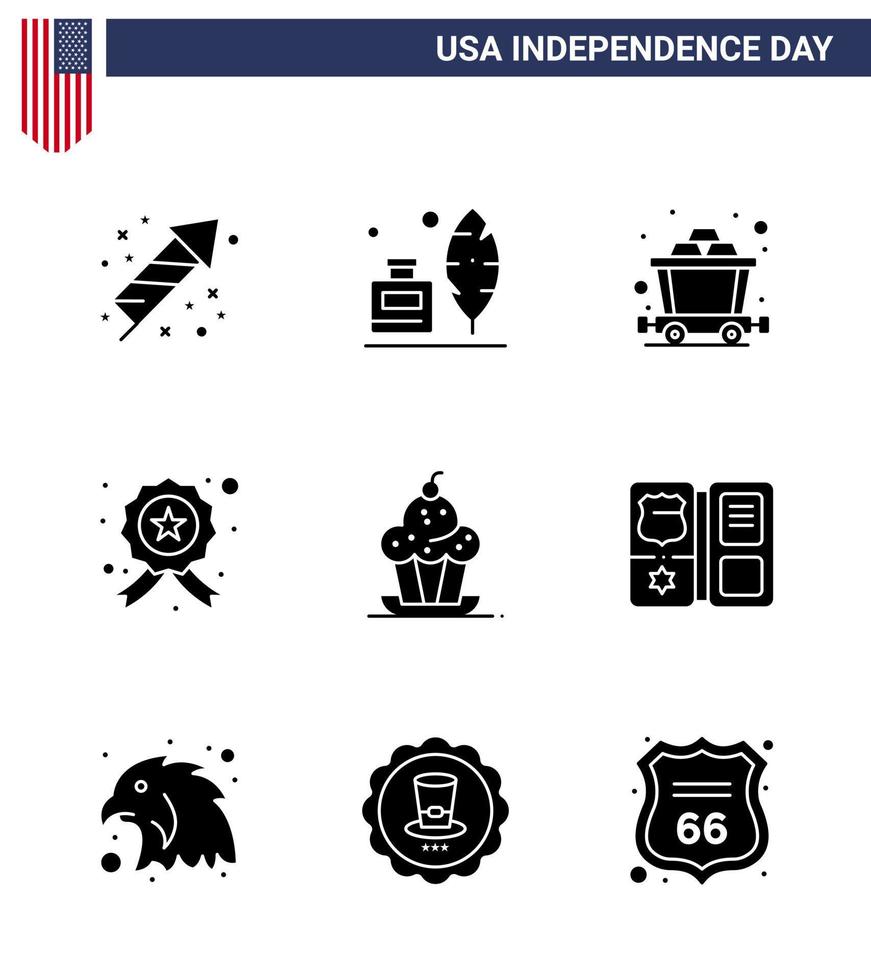 Pack of 9 USA Independence Day Celebration Solid Glyphs Signs and 4th July Symbols such as muffin cake cart police investigating Editable USA Day Vector Design Elements