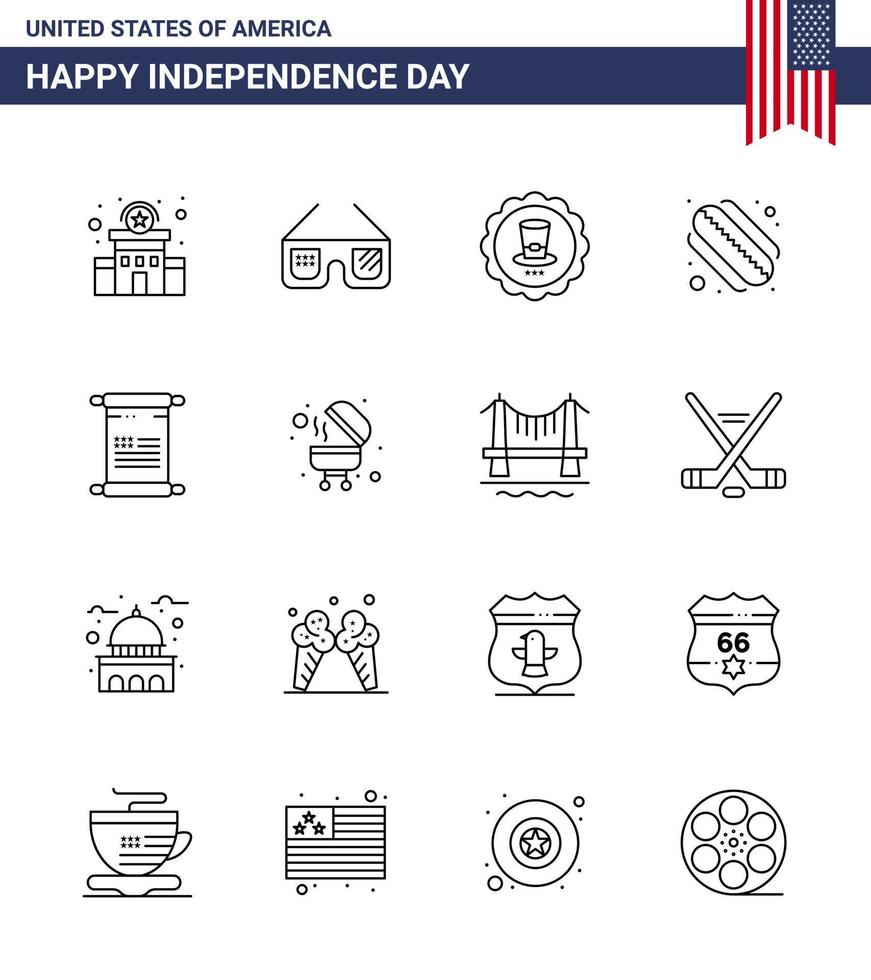 conjunto de 16 líneas modernas en el día de la independencia de estados unidos estados de vidrio de pergamino americano elementos de diseño vectorial del día de estados unidos editables en estados unidos vector