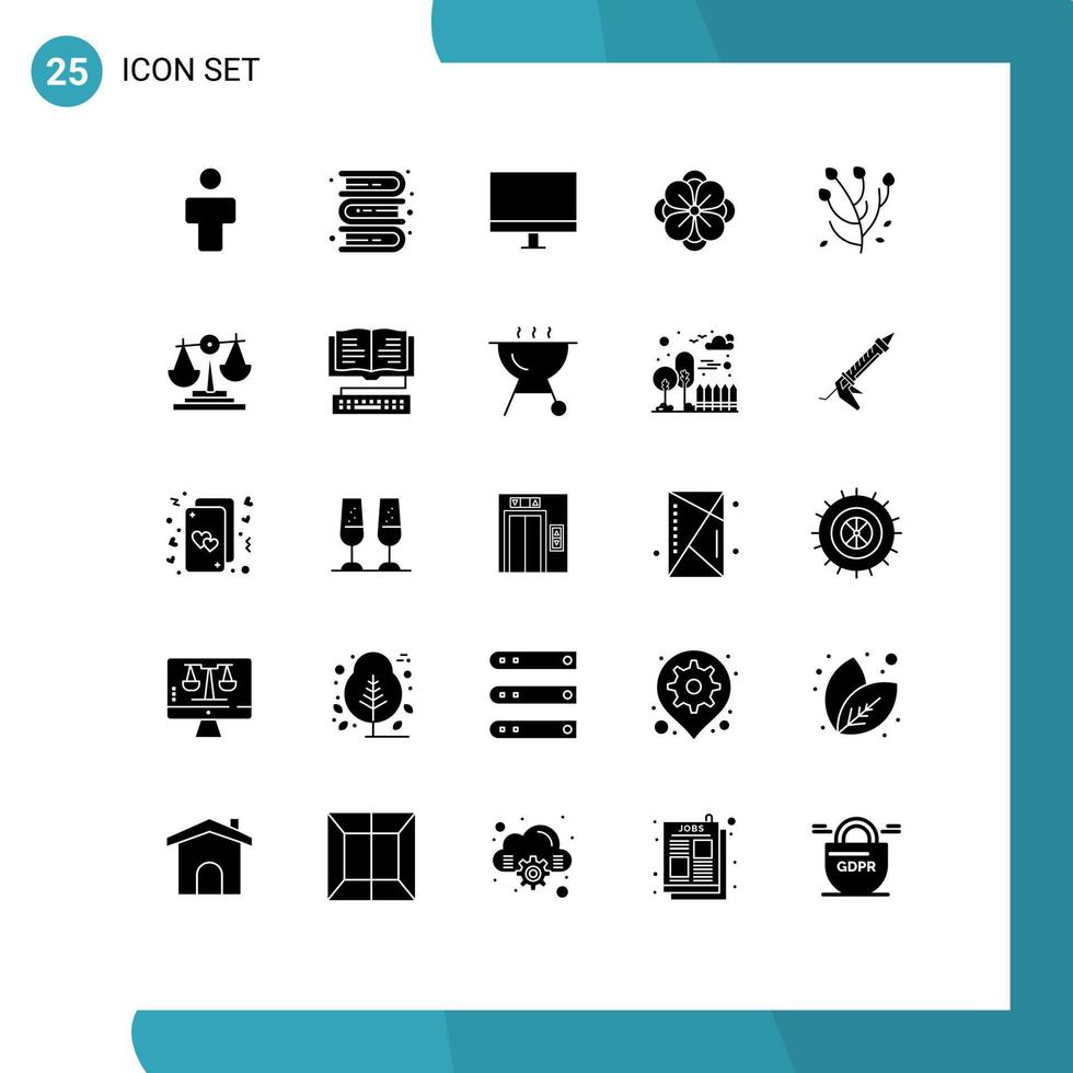 Set of 25 Commercial Solid Glyphs pack for balance flower computers anemone flower monitor Editable Vector Design Elements