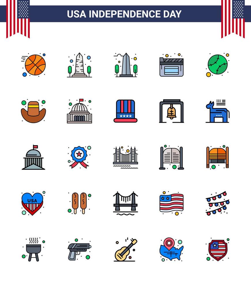 USA Happy Independence DayPictogram Set of 25 Simple Flat Filled Lines of hat american cinema united baseball Editable USA Day Vector Design Elements