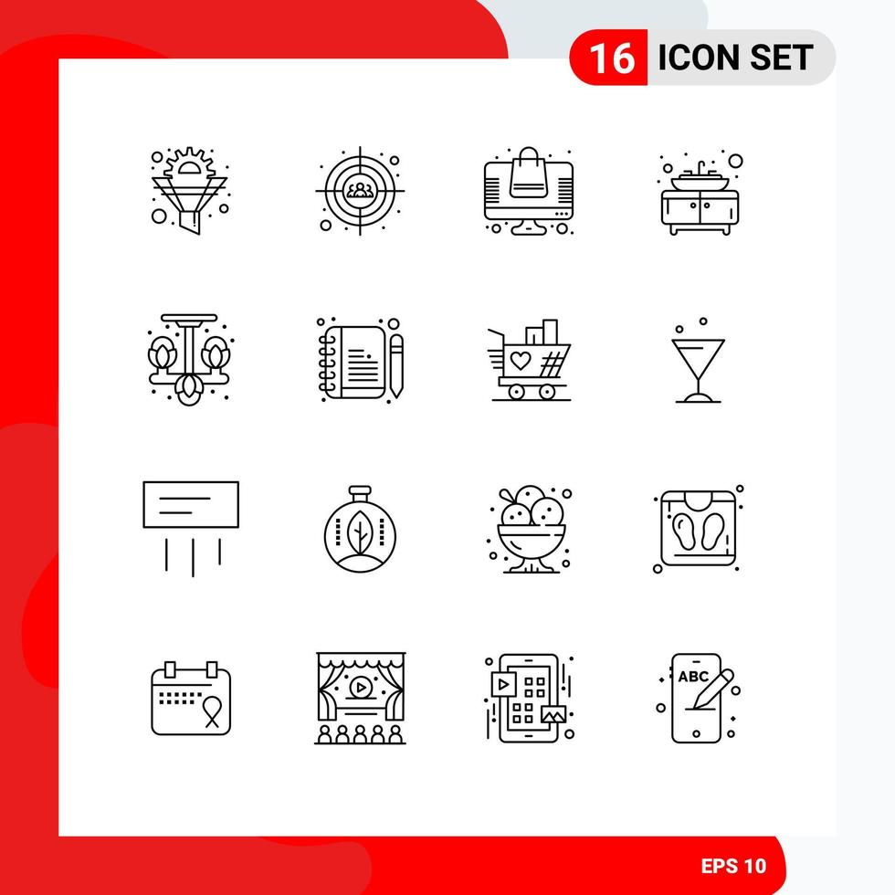 16 User Interface Outline Pack of modern Signs and Symbols of living sink head shot furniture online store Editable Vector Design Elements