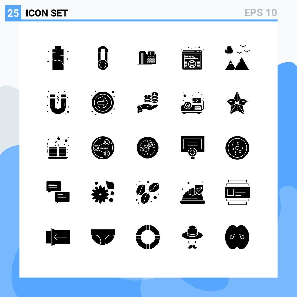 conjunto moderno de 25 glifos y símbolos sólidos, como la construcción de direcciones de seguridad de dominio mundial, elementos de diseño de vectores editables