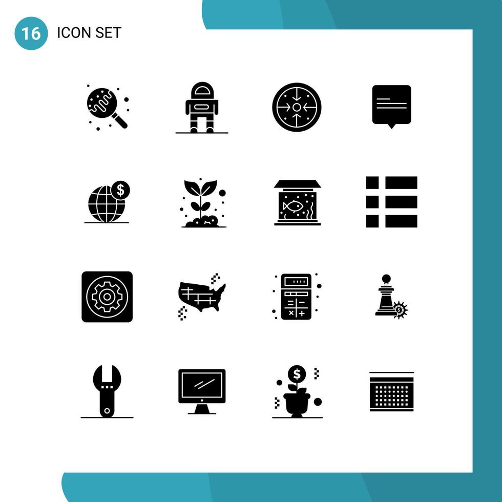 Universal Icon Symbols Group of 16 Modern Solid Glyphs of global message stages comment process Editable Vector Design Elements