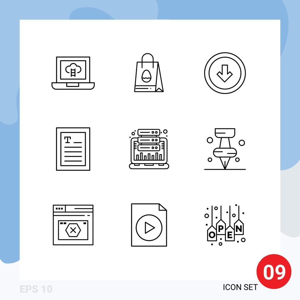 Mobile Interface Outline Set of 9 Pictograms of hosting analysis button reader ebook Editable Vector Design Elements