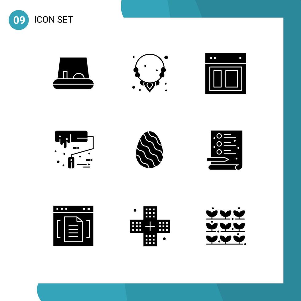 Pack of 9 creative Solid Glyphs of nature egg site roller brush paint roller Editable Vector Design Elements