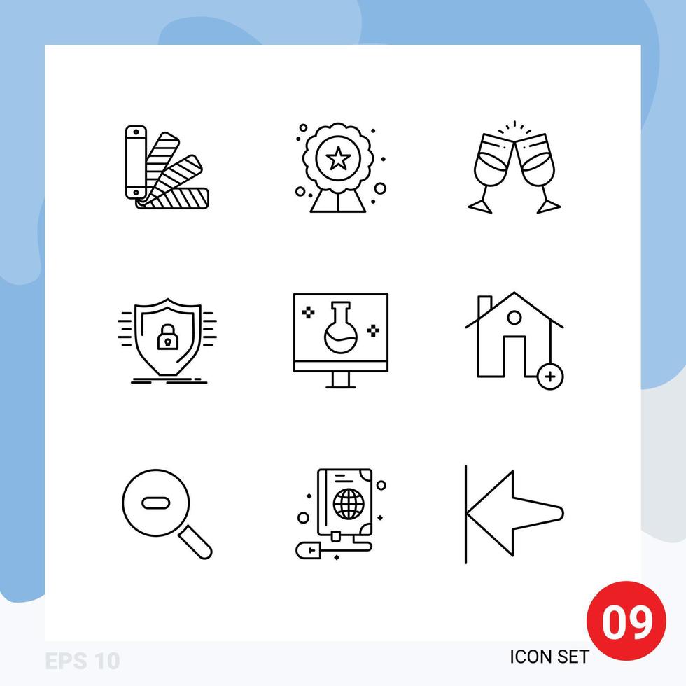 Universal Icon Symbols Group of 9 Modern Outlines of shield protection drink firewall couple Editable Vector Design Elements