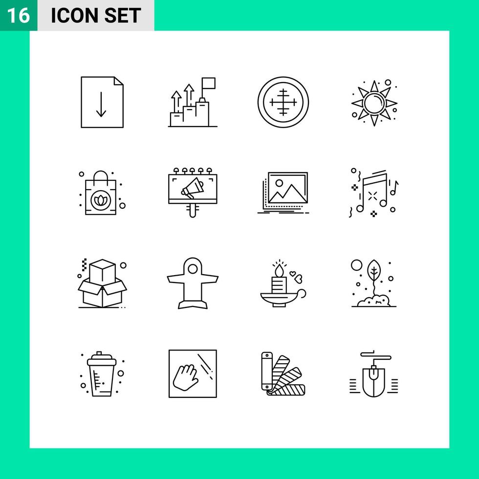Modern Set of 16 Outlines and symbols such as ladies sun army rise target Editable Vector Design Elements