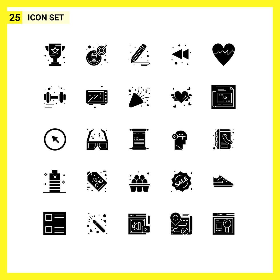 Solid Glyph Pack of 25 Universal Symbols of pulse cardiogram target rewind arrow Editable Vector Design Elements