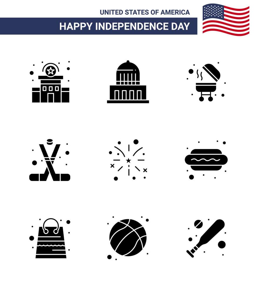 Modern Set of 9 Solid Glyphs and symbols on USA Independence Day such as fire america barbecue american ice hockey Editable USA Day Vector Design Elements