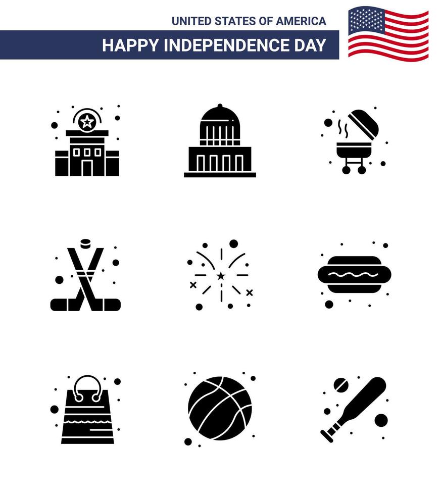 conjunto moderno de 9 glifos y símbolos sólidos en el día de la independencia de estados unidos, como fire america barbacoa, hockey sobre hielo americano, elementos de diseño vectorial editables del día de estados unidos vector