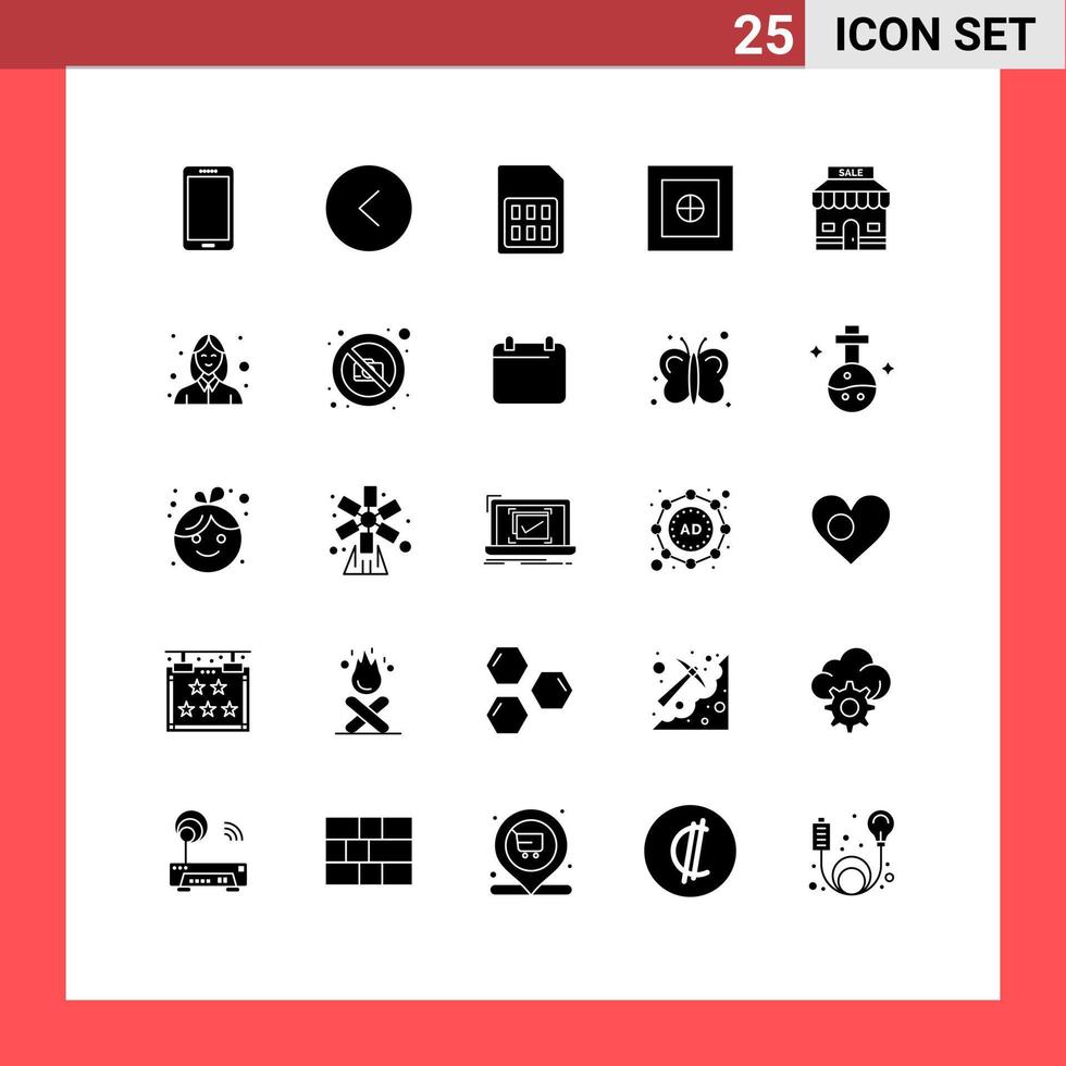 Mobile Interface Solid Glyph Set of 25 Pictograms of sale safe card money sim card Editable Vector Design Elements