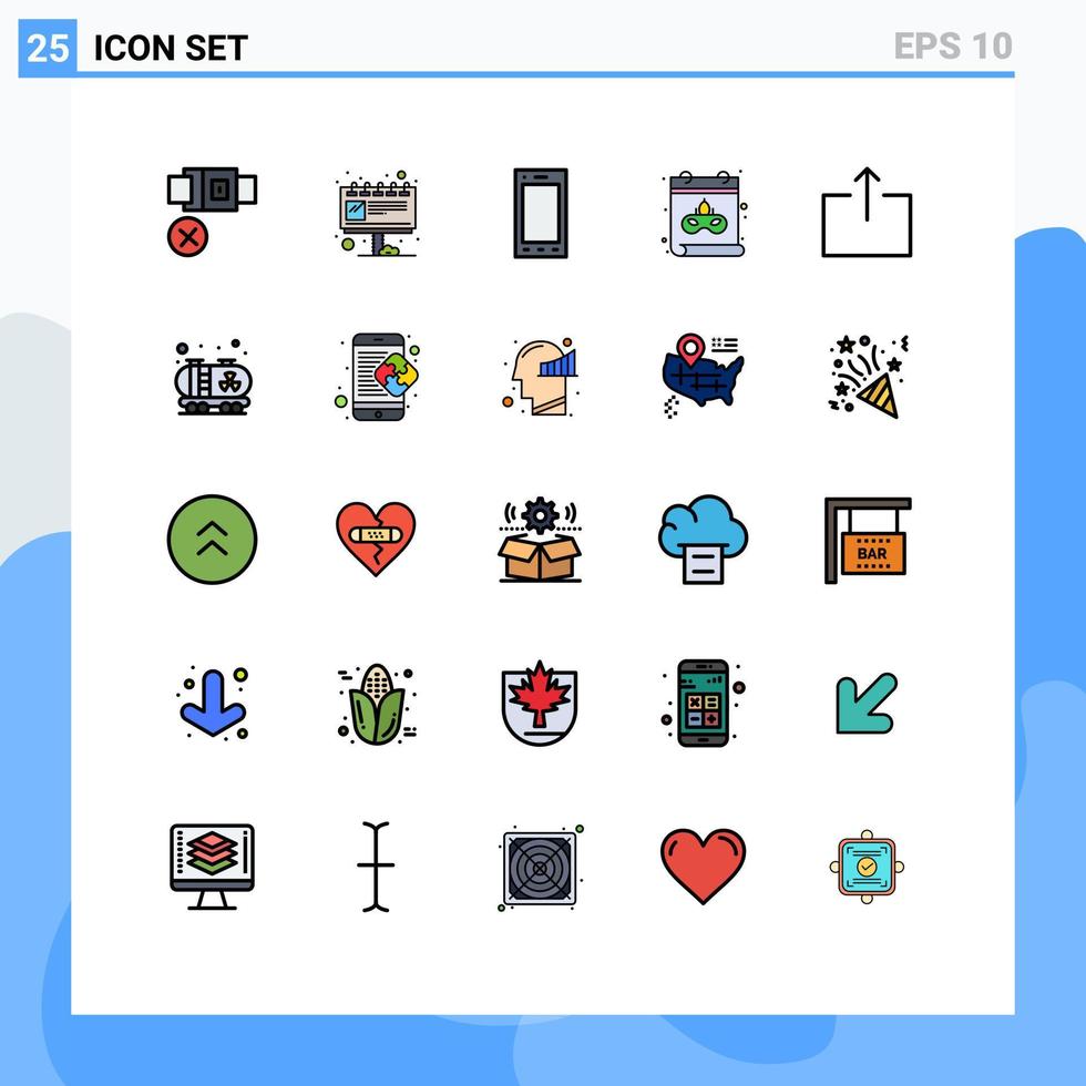 Pack of 25 Modern Filled line Flat Colors Signs and Symbols for Web Print Media such as send arrow devices date calendar Editable Vector Design Elements