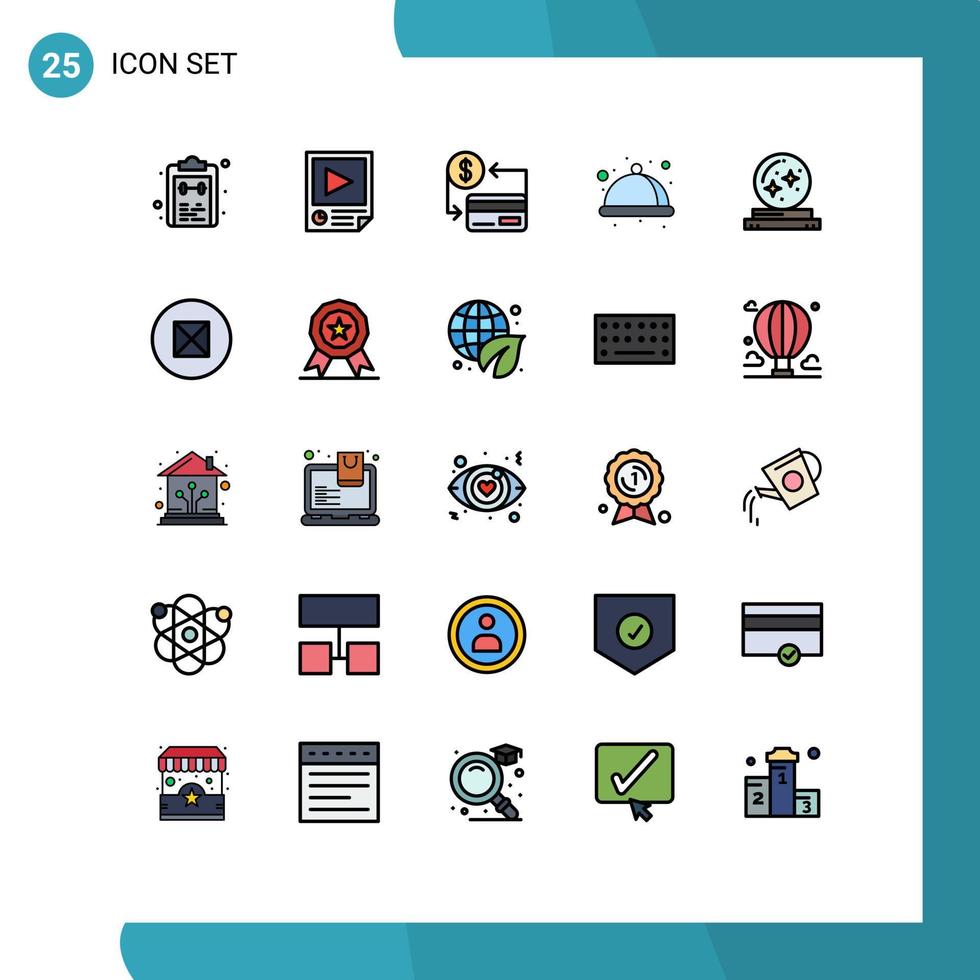 25 Universal Filled line Flat Color Signs Symbols of serve food playback society cashless Editable Vector Design Elements