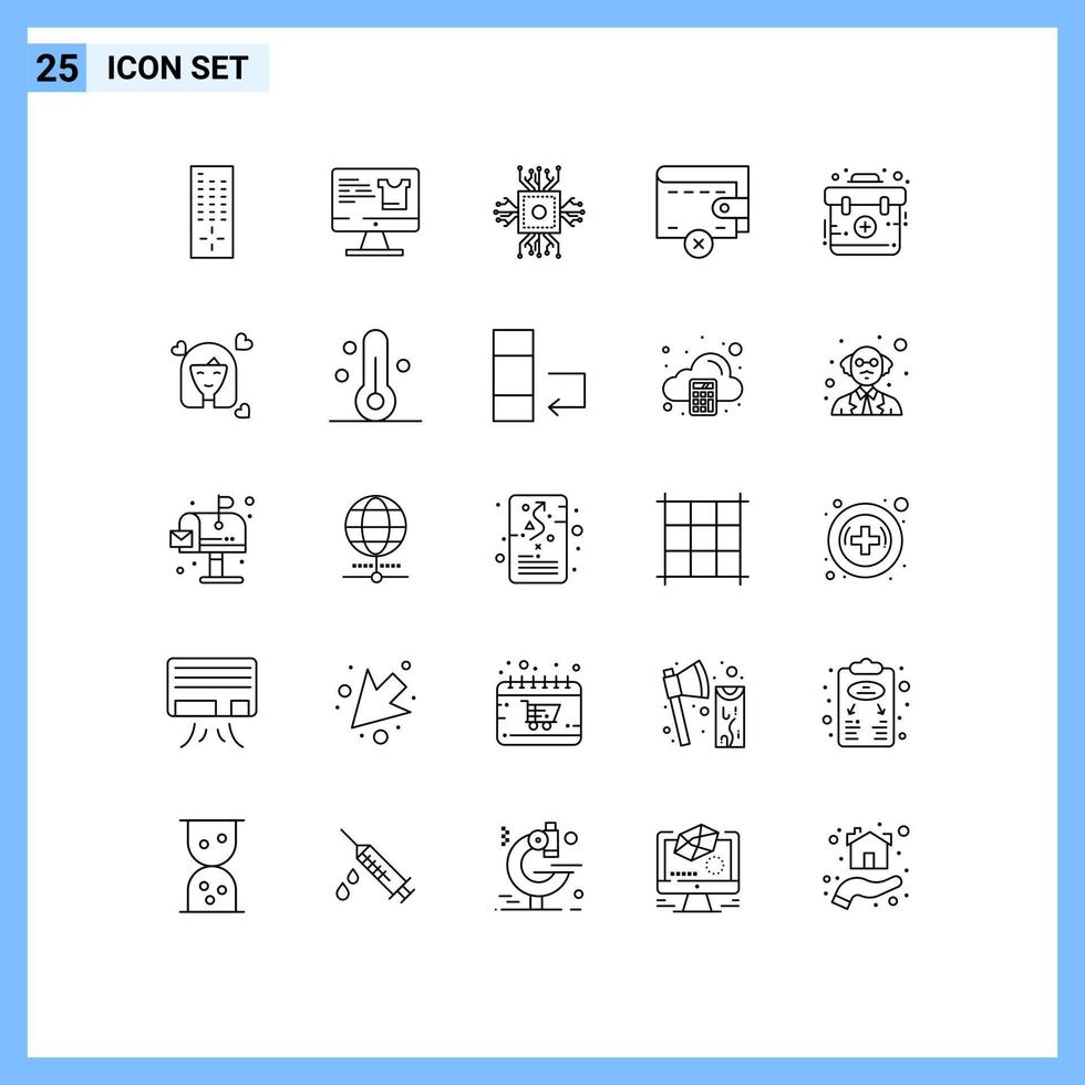 Modern Set of 25 Lines Pictograph of first aid cpu wallet delete Editable Vector Design Elements