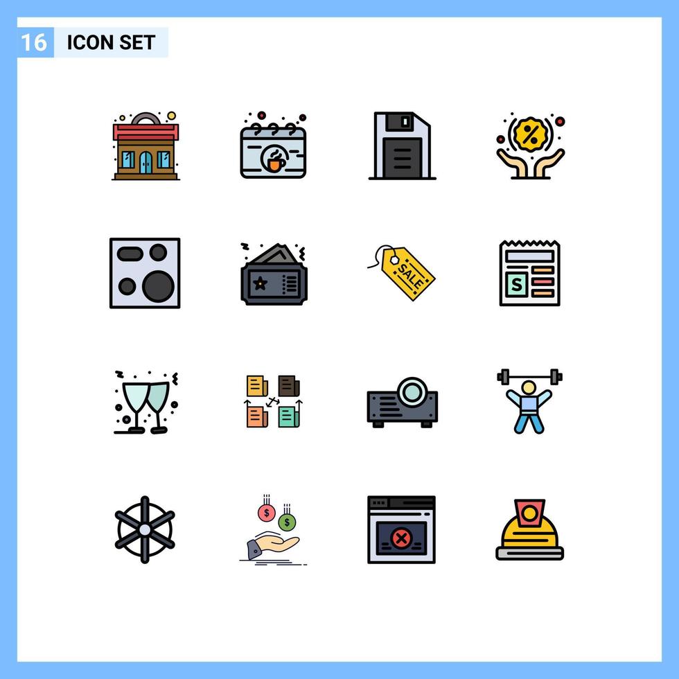 Set of 16 Commercial Flat Color Filled Lines pack for electronics cooking floppy disk shopping hands Editable Creative Vector Design Elements