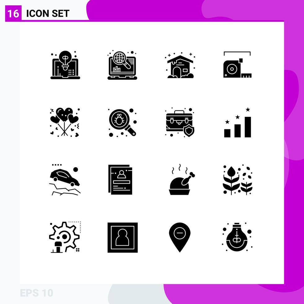 16 Thematic Vector Solid Glyphs and Editable Symbols of lifestyle ruler home roulette measurement Editable Vector Design Elements